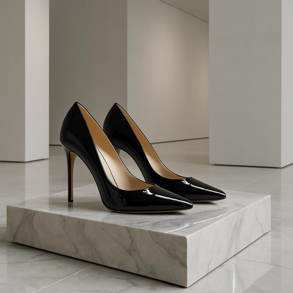 German Alternative Text: Die in der Abbildung dargestellten High Heels-Shoes liegen auf einer weißen, marbvimierten Platte...