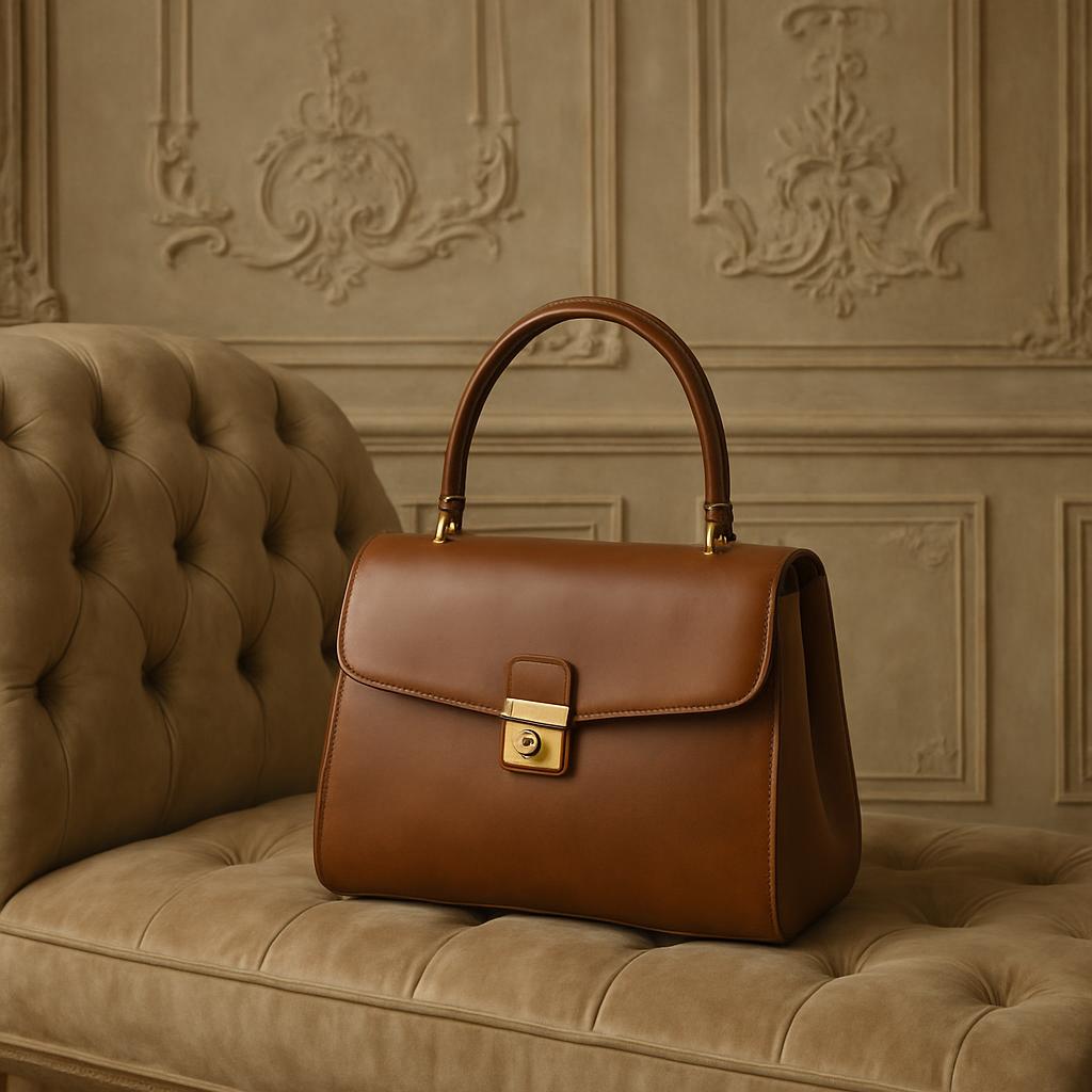 English A purse sits on a tan couch in front of a wall with intricate molding.